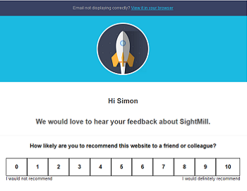 SightMill Net Promoter Score survey shows customer feedback via email